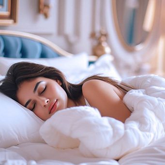 Woman sleeping peacefully in white bed linens