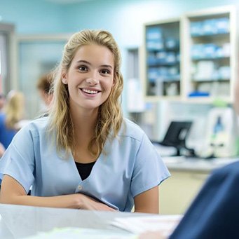 Friendly dental team member helping patient at front desk